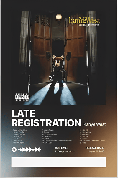 Image of Kanye West Late Registration Poster – Tracklist & Spotify Code for Iconic Album