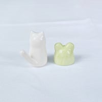 Image 5 of white cat with frog hat ceramic figurine