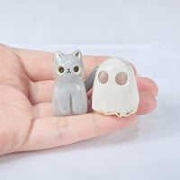 Image 4 of Glow in dark gray cat with ghost mask ceramic figurine