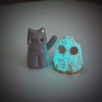 Image 7 of Glow in dark gray cat with ghost mask ceramic figurine