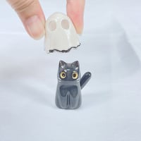 Image 3 of Glow in dark black kitty with ghost mask ceramic figurine white gold edition 