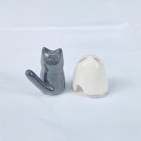 Image 5 of Glow in dark black kitty with ghost mask ceramic figurine white gold edition 