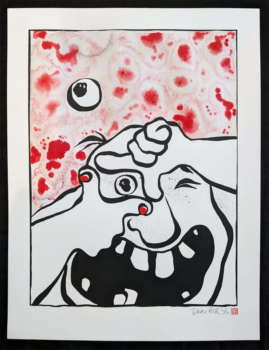 Image of Sérigraphie "Le plan sur la gommette" 6 / 50 Red background.