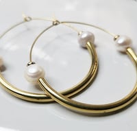 Image 3 of Pearl and Brass Threaded Hoops