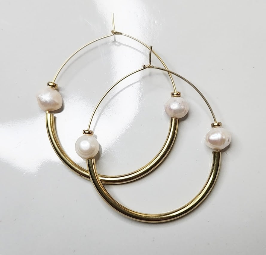 Image of Pearl and Brass Threaded Hoops