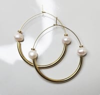Image 1 of Pearl and Brass Threaded Hoops