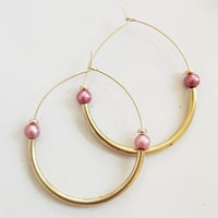 Image 2 of Pearl and Brass Threaded Hoops