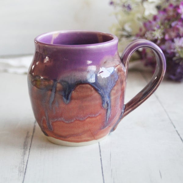 Image of Pink and Purple Pottery Mug in Muted Glazes, 16 oz. Coffee Cup, Made in USA