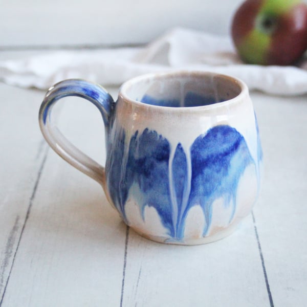 Image of Gorgeous Handmade Pottery Mug with Dripping Blue and White Glazes, 13 Ounce Coffee Cup, Made in USA