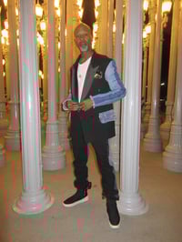 Image 1 of Jean Junky Premium Upcycled Black Christian Dior Tuxedo Jacket With Faded Denim Sleeve &Pocket Flap 