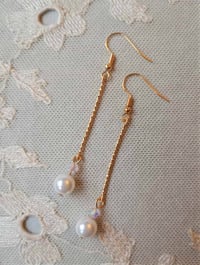 Image 4 of Contemporary Glass Crystal & Pearl Earrings with Slim Rose Gold Etched Bar
