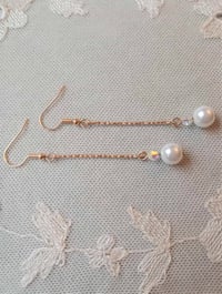 Image 3 of Contemporary Glass Crystal & Pearl Earrings with Slim Rose Gold Etched Bar