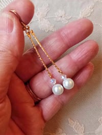 Image 2 of Contemporary Glass Crystal & Pearl Earrings with Slim Rose Gold Etched Bar