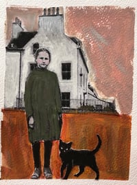 Little original mixed media painting  Fiona and her cat