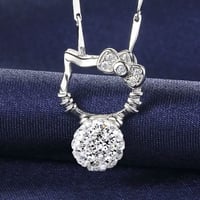 Image 2 of Diamond Ball Cat Pendant Necklace Charm 925 Sterling Silver Hello Kitty Cat Necklace girl/ Women