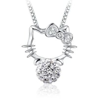 Image 1 of Diamond Ball Cat Pendant Necklace Charm 925 Sterling Silver Hello Kitty Cat Necklace girl/ Women