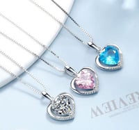 Image 2 of 2. Women charm necklace jewelry 925 sterling silver pave blue CZ zircon Love Heart pendant 