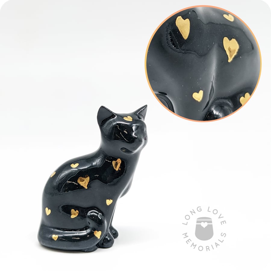 Image of Black and Gold Cat Figurine, 18k Gold Luster Hearts