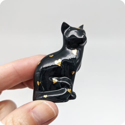 Image of Black and Gold Cat Figurine, 18k Gold Luster Hearts