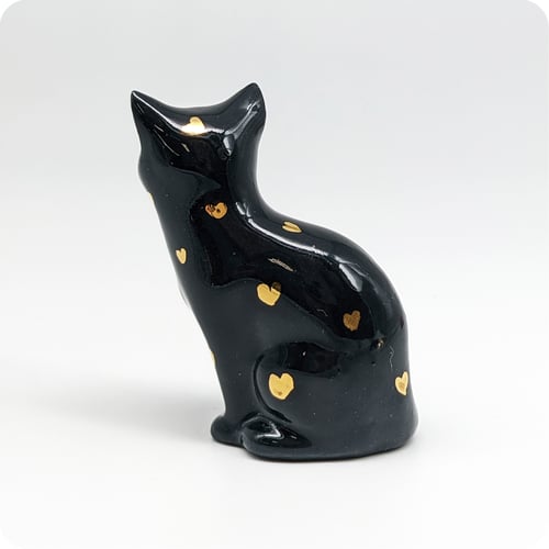 Image of Black and Gold Cat Figurine, 18k Gold Luster Hearts