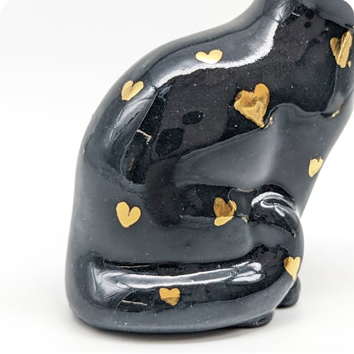 Image of Black and Gold Cat Figurine, 18k Gold Luster Hearts