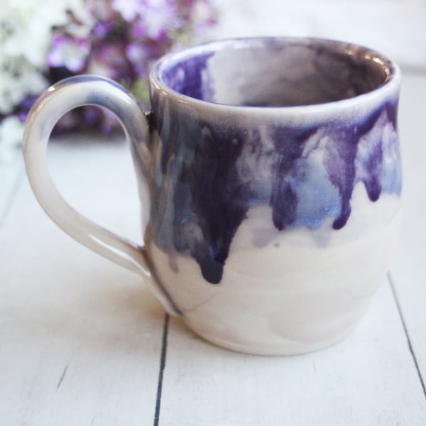 Image of Pottery Mug in White and Purple Dripping Glaze, 13 oz. Coffee Cup, Made in USA