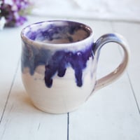 Image 5 of Pottery Mug in White and Purple Dripping Glaze, 13 oz. Coffee Cup, Made in USA