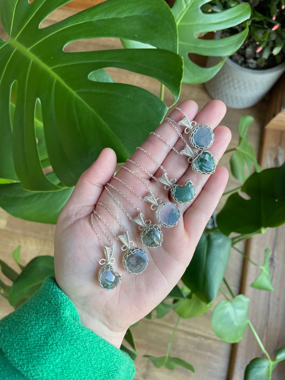 moss agate silver crystal necklaces! 