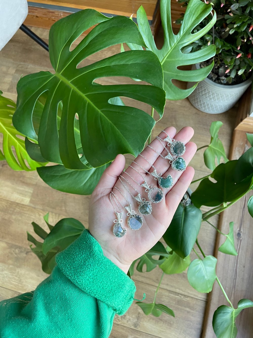 moss agate silver crystal necklaces! 