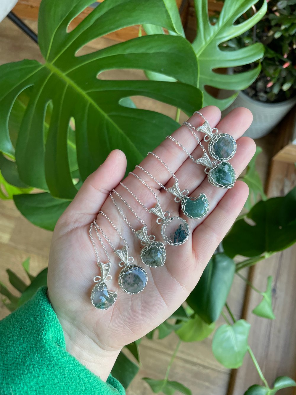 moss agate silver crystal necklaces! 