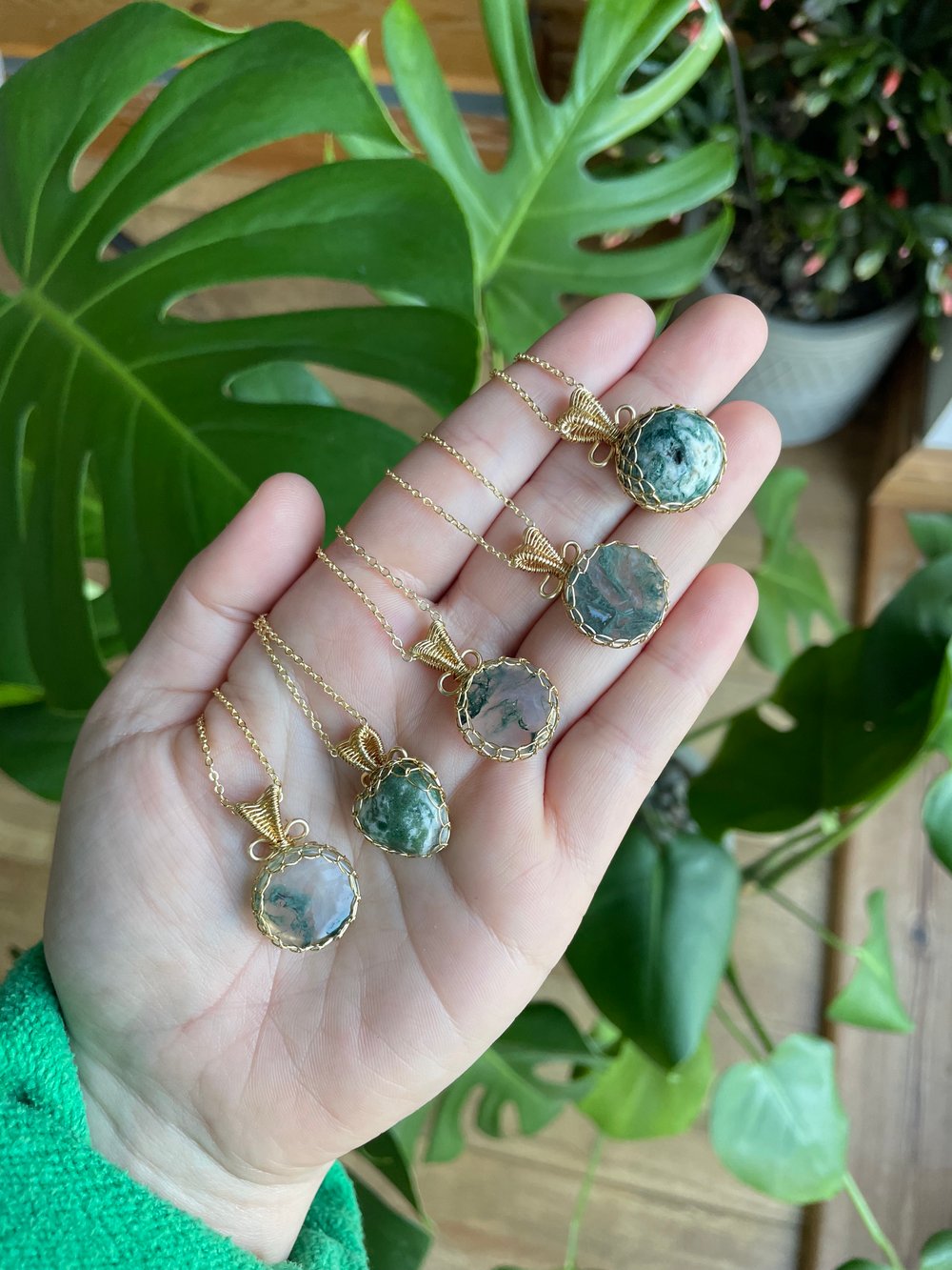 mossy green crystal necklaces!