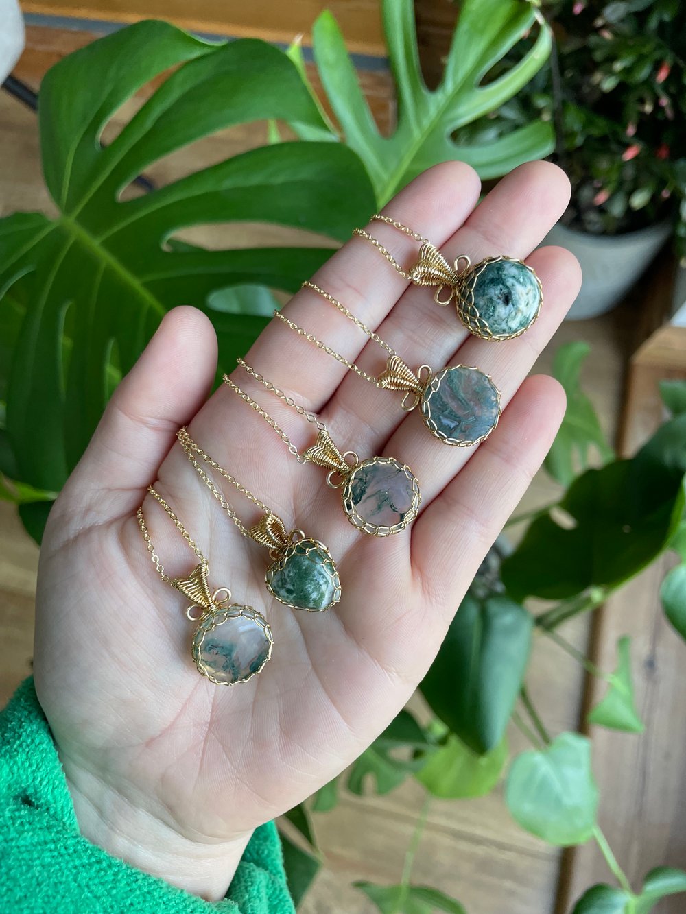 mossy green crystal necklaces!