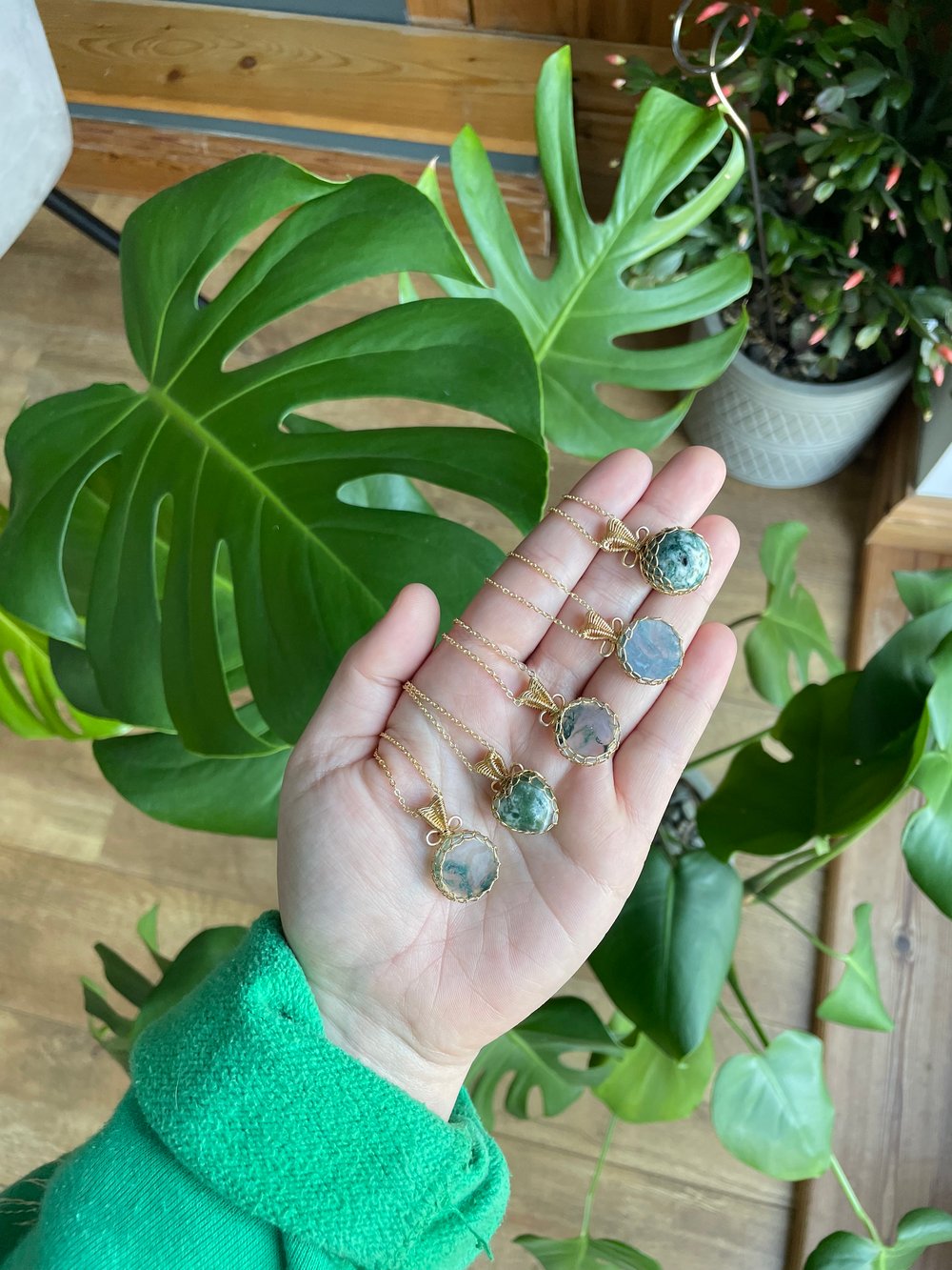 mossy green crystal necklaces!