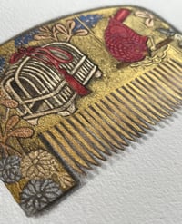 Image 3 of Kanzashi Comb: Perching Bird, Cage and Chrysanthumums