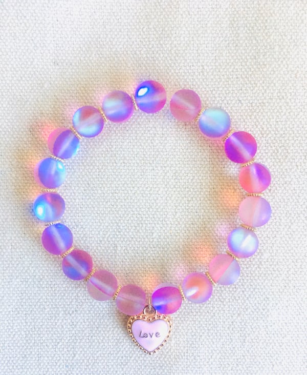 Image of Synthetic Opal Matte Pink Heart Charm Beaded Stretch Bracelet
