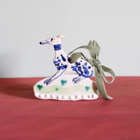 Image 1 of Hanging Whippet Ornament - Cobalt blue with Green bow