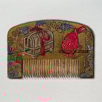 Image 1 of Kanzashi Comb: Perching Bird, Cage and Chrysanthumums