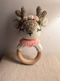 Image 1 of Deer with Flowers Baby Rattle Wooden Teether