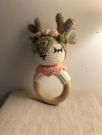 Image 2 of Deer with Flowers Baby Rattle Wooden Teether