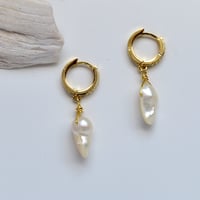 Image 3 of Baroque Pearl and Gold Pave Mini Hoop Earrings