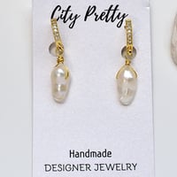 Image 2 of Baroque Pearl and Gold Pave Mini Hoop Earrings