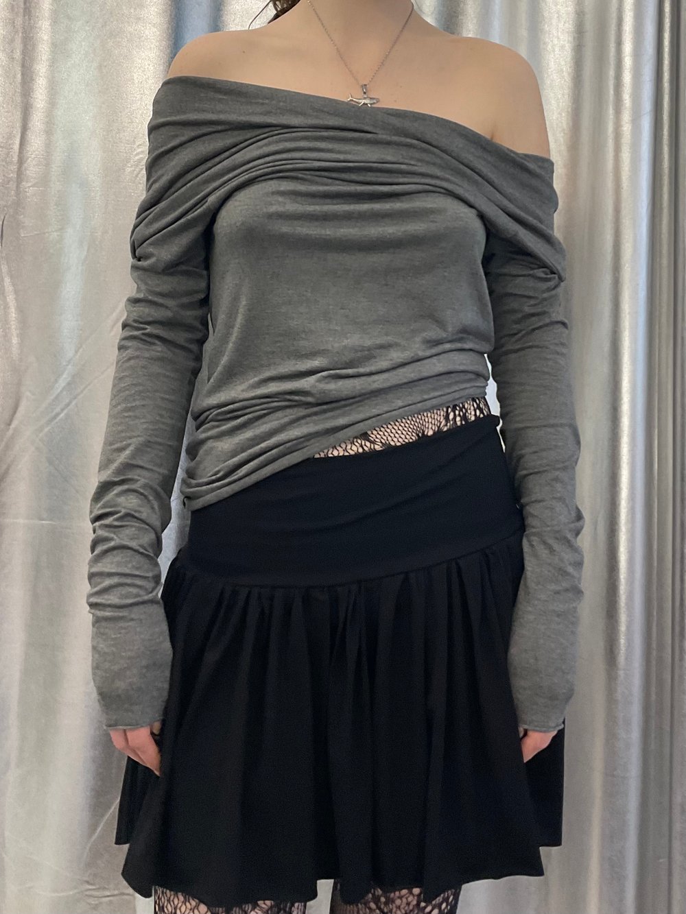 Dark grey off shoulder viscose top