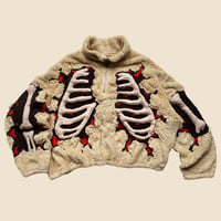 Image 1 of REWORKED CRACKY 3D PUFF SKELETON BEIGE SHERPA JACKET SIZE MEDIUM BOXY CROP