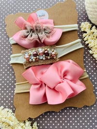 Image 1 of Pink Satin Bow with Rhinestone Nylonband Set