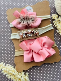 Image 3 of Pink Satin Bow with Rhinestone Nylonband Set