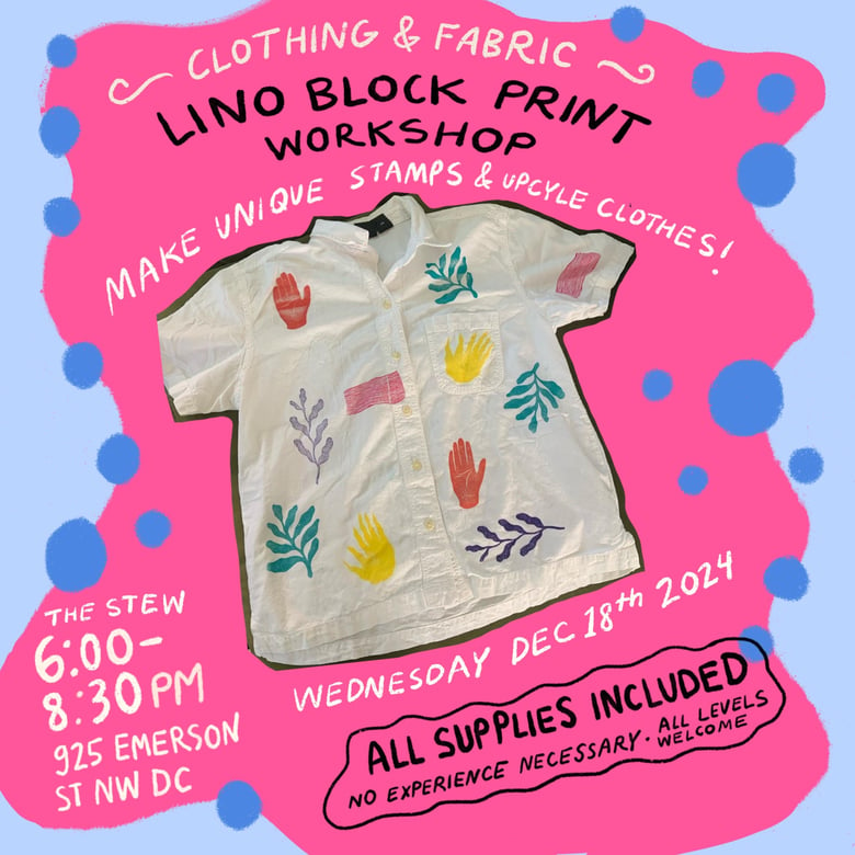 Image of *Clothing and Fabric* Lino Block Print Workshop Wednesday Dec 18th