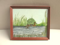 Image 1 of Vintage Oil Painting, Duck and Ducklings Swimming by M. Edmond c. 1980s, Framed Size 13 x 11 ins 