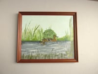 Image 2 of Vintage Oil Painting, Duck and Ducklings Swimming by M. Edmond c. 1980s, Framed Size 13 x 11 ins 