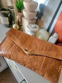 Image 1 of Vintage tan brown faux crocodile skin envelope clutch bag 