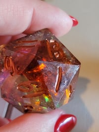 Image 7 of Fireheart - Karlach inspired 30 mm death save and chonk d20s